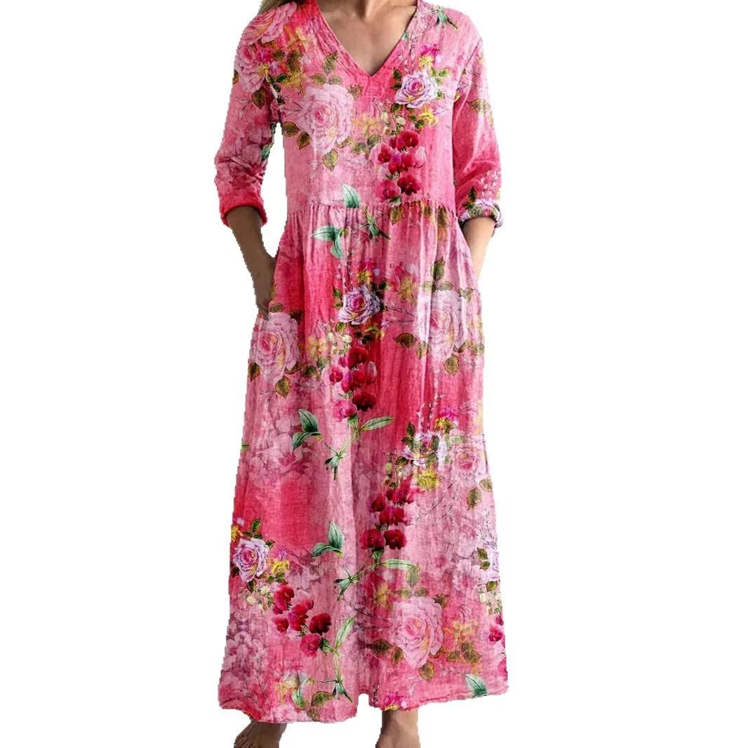 Long Sleeve Dress – Chic V-Neck Ankle Length with Pockets — alternative angle