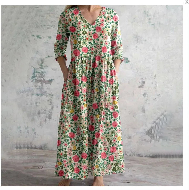 Long Sleeve Dress – Chic V-Neck Ankle Length with Pockets — back close-up