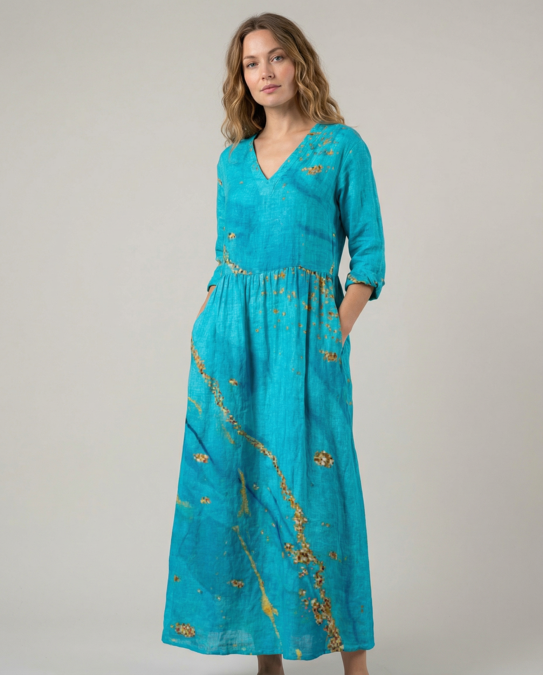 Long Sleeve Dress – Chic V-Neck Ankle Length with Pockets — back view
