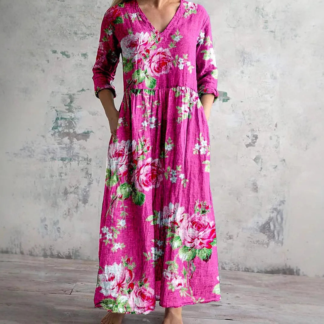 Long Sleeve Dress – Chic V-Neck Ankle Length with Pockets — close-up