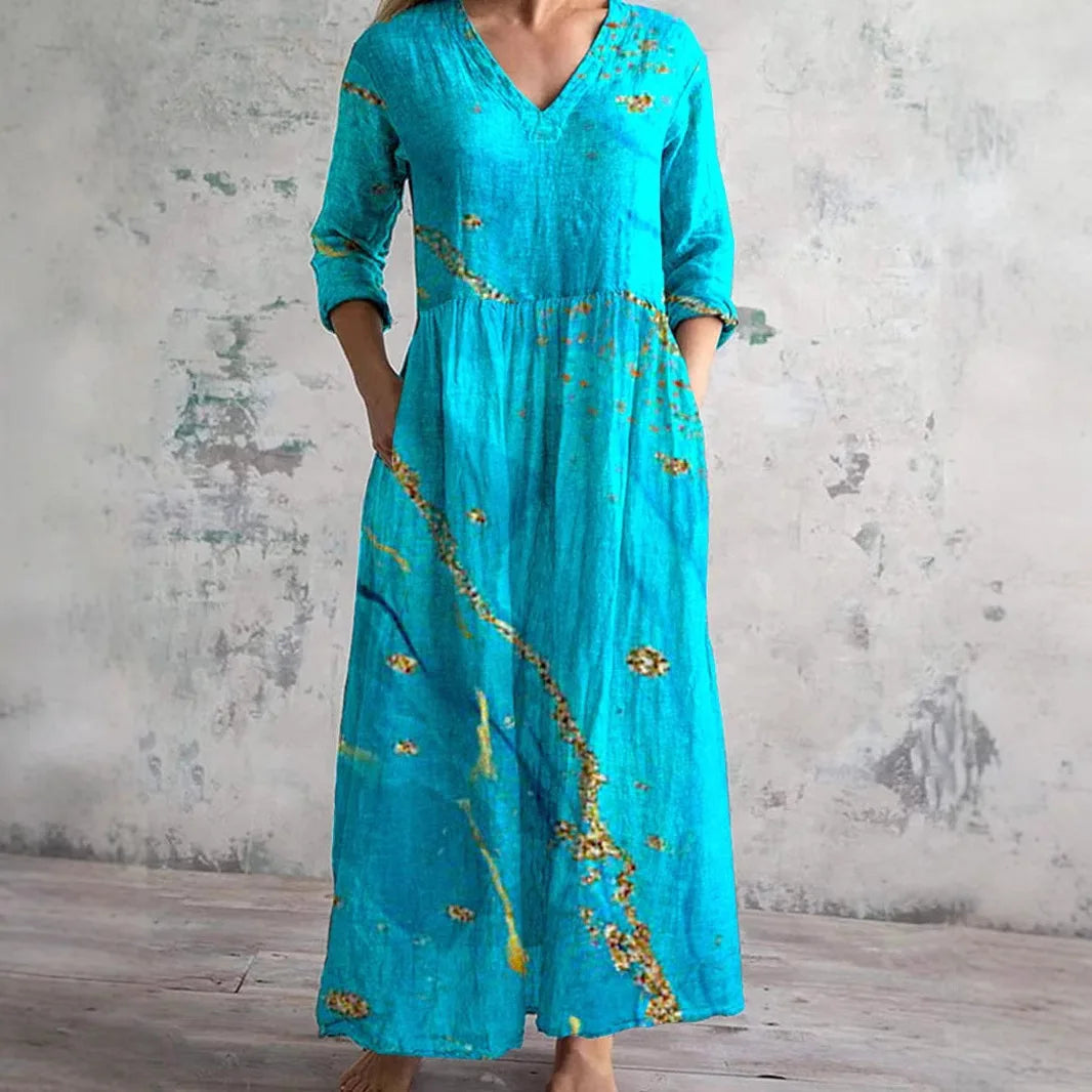 Long Sleeve Dress – Chic V-Neck Ankle Length with Pockets — detail view