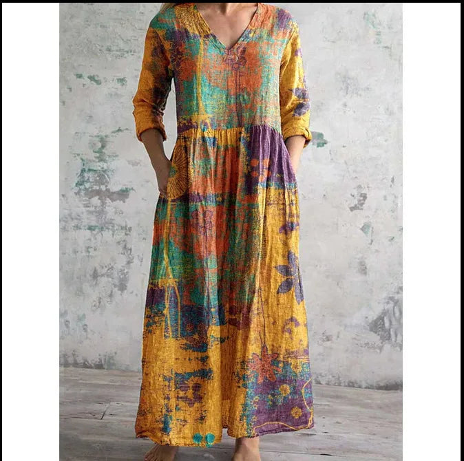Long Sleeve Dress – Chic V-Neck Ankle Length with Pockets — fabric detail