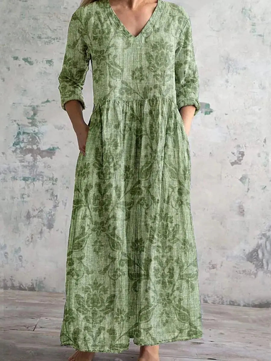 Long Sleeve Dress – Chic V-Neck Ankle Length with Pockets — fit overview
