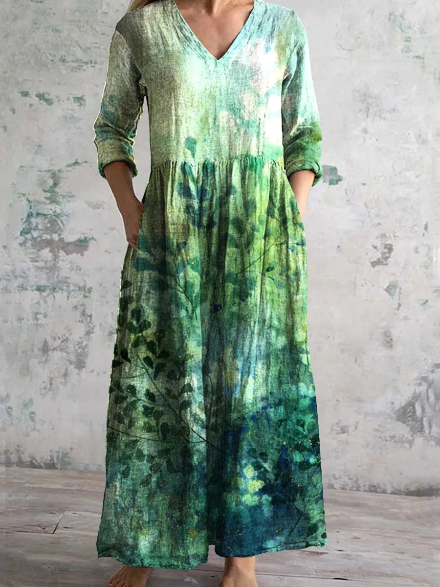 Long Sleeve Dress – Chic V-Neck Ankle Length with Pockets — front close-up
