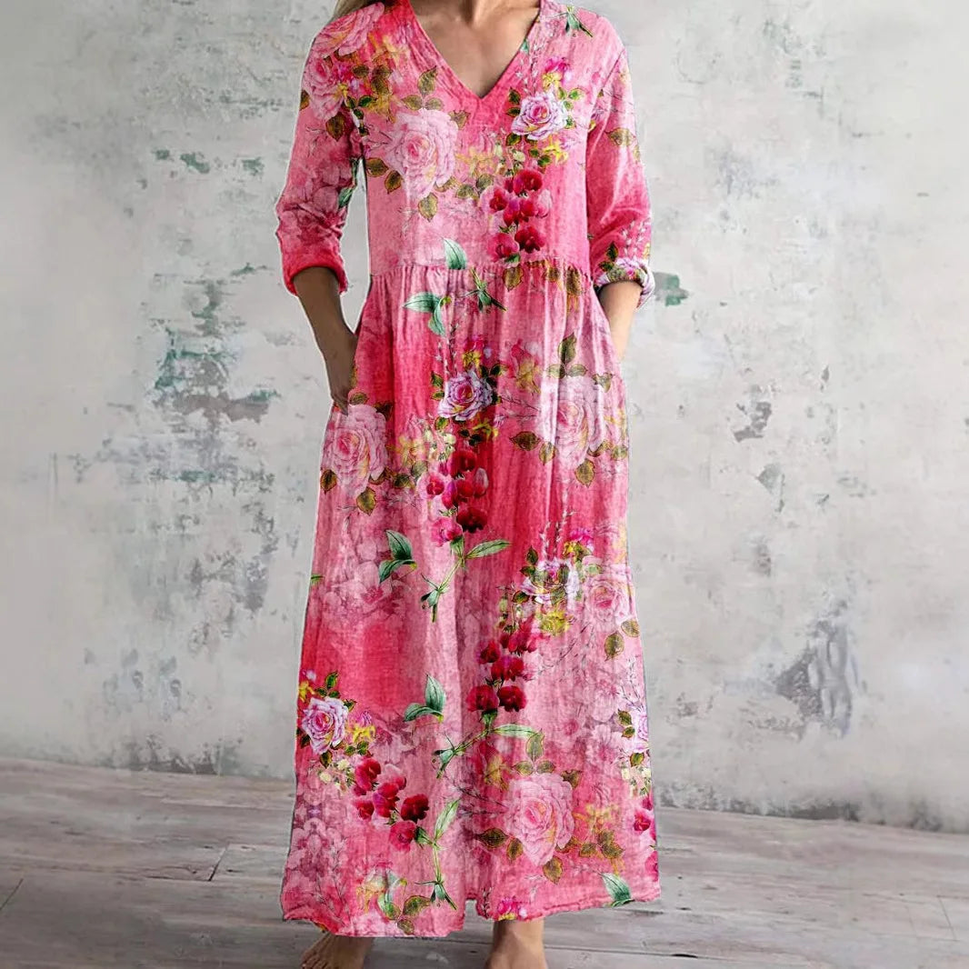 Long Sleeve Dress – Chic V-Neck Ankle Length with Pockets — model wearing