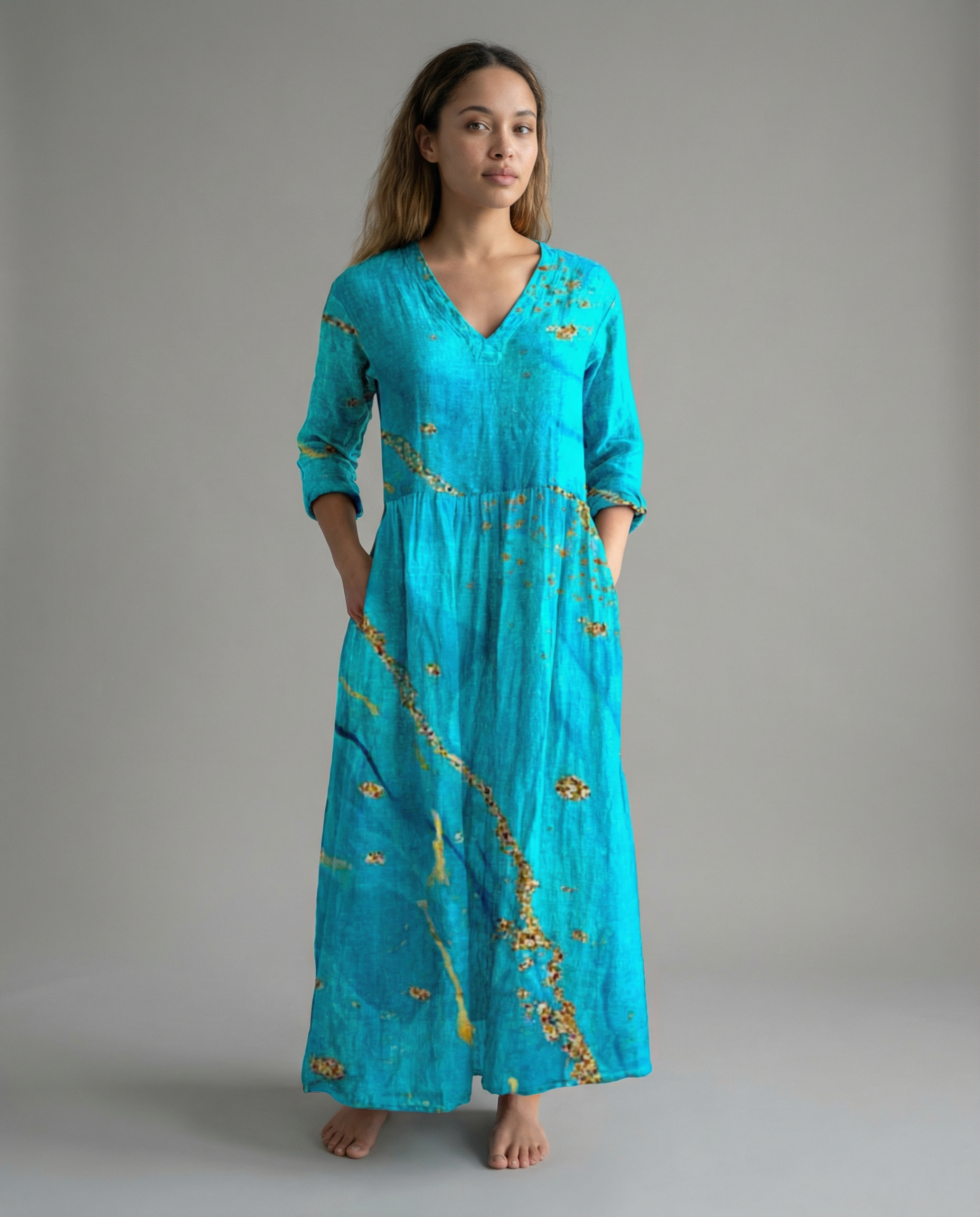 Long Sleeve Dress – Chic V-Neck Ankle Length with Pockets — side view