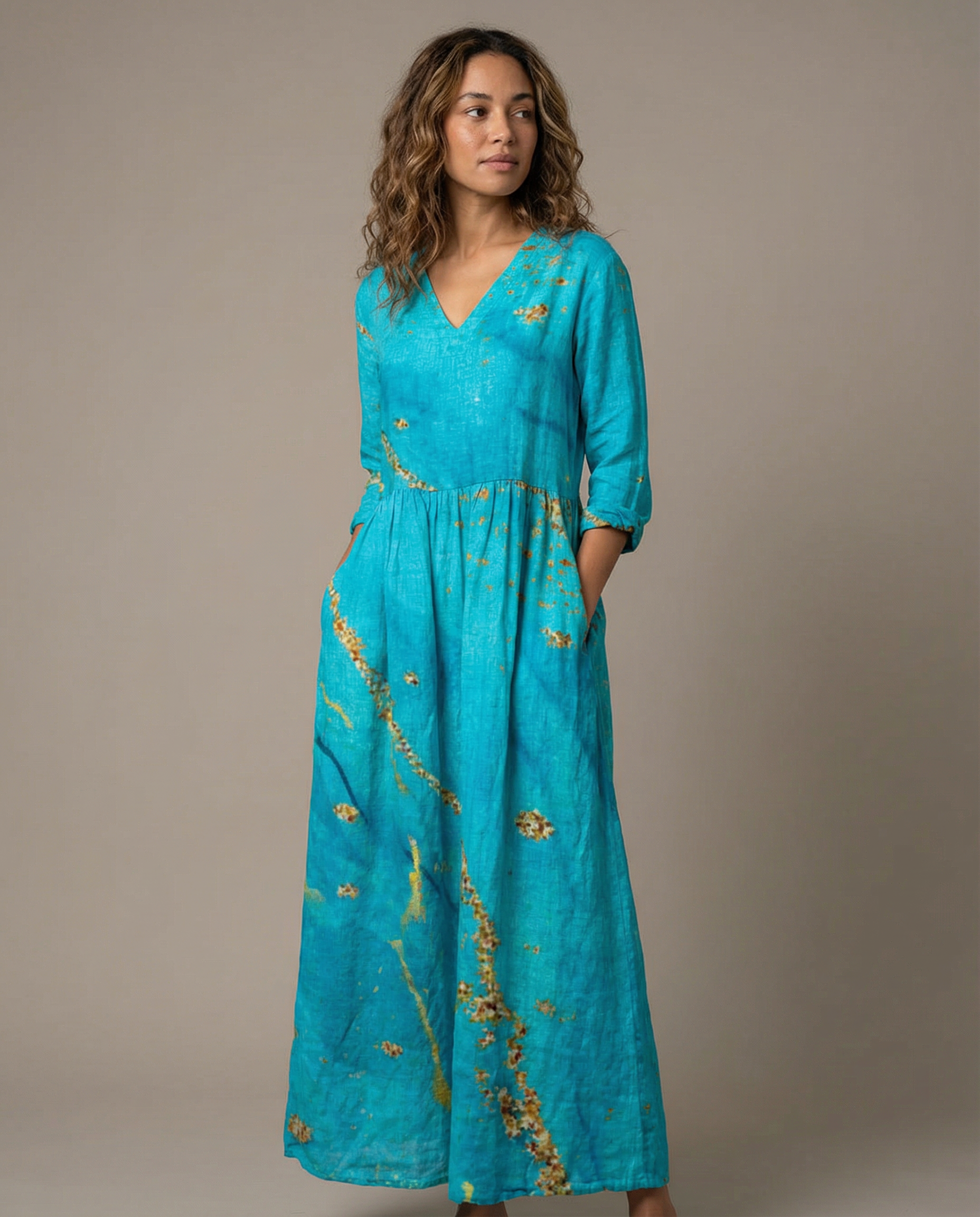 Long Sleeve Dress – Chic V-Neck Ankle Length with Pockets