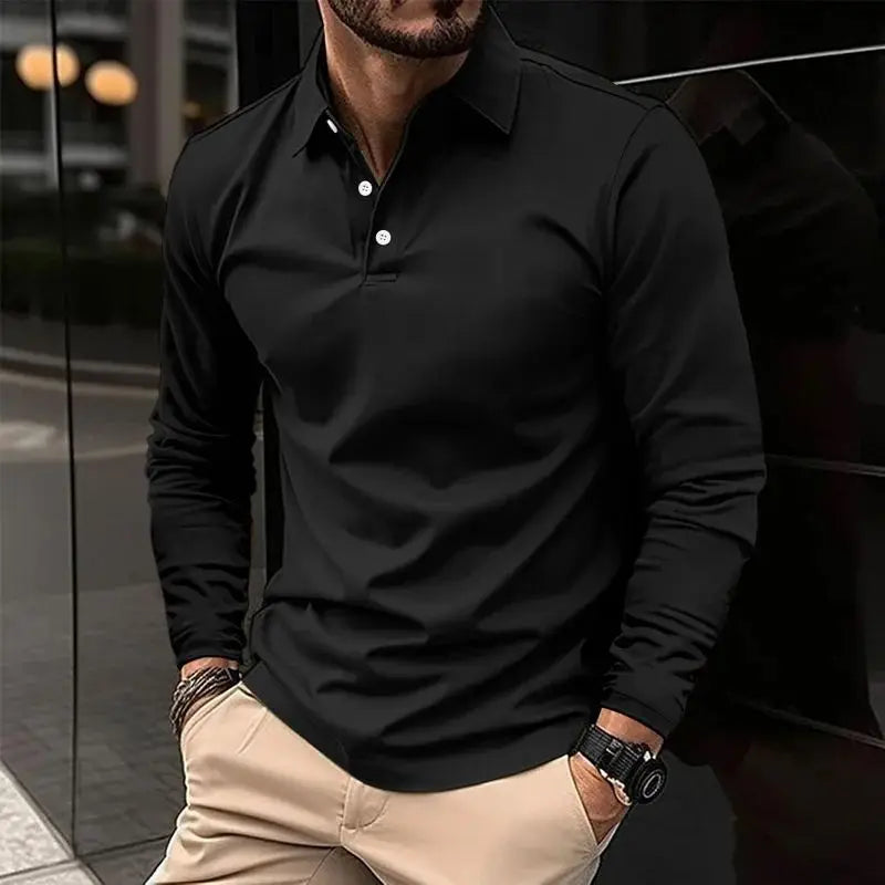 Long Sleeve Polo Shirt – Comfortable Casual Style for Everyday Wear — model wearing