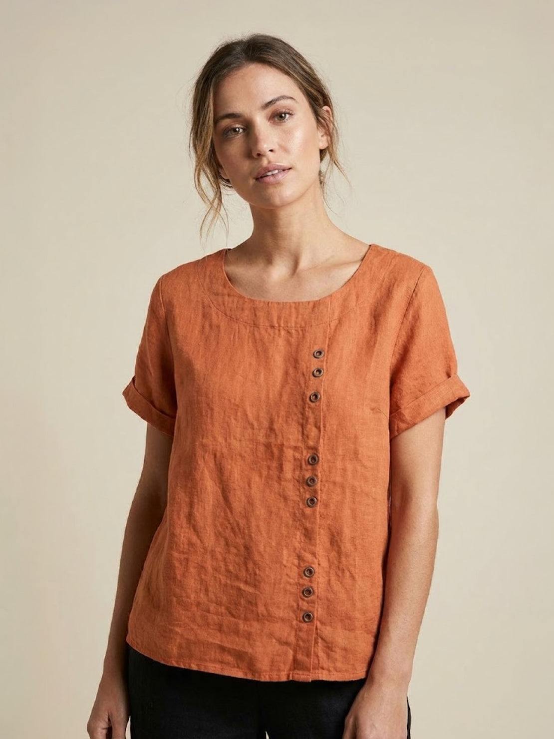 Loose Fit Linen Button-Front Blouse for Effortless Summer Style — back close-up