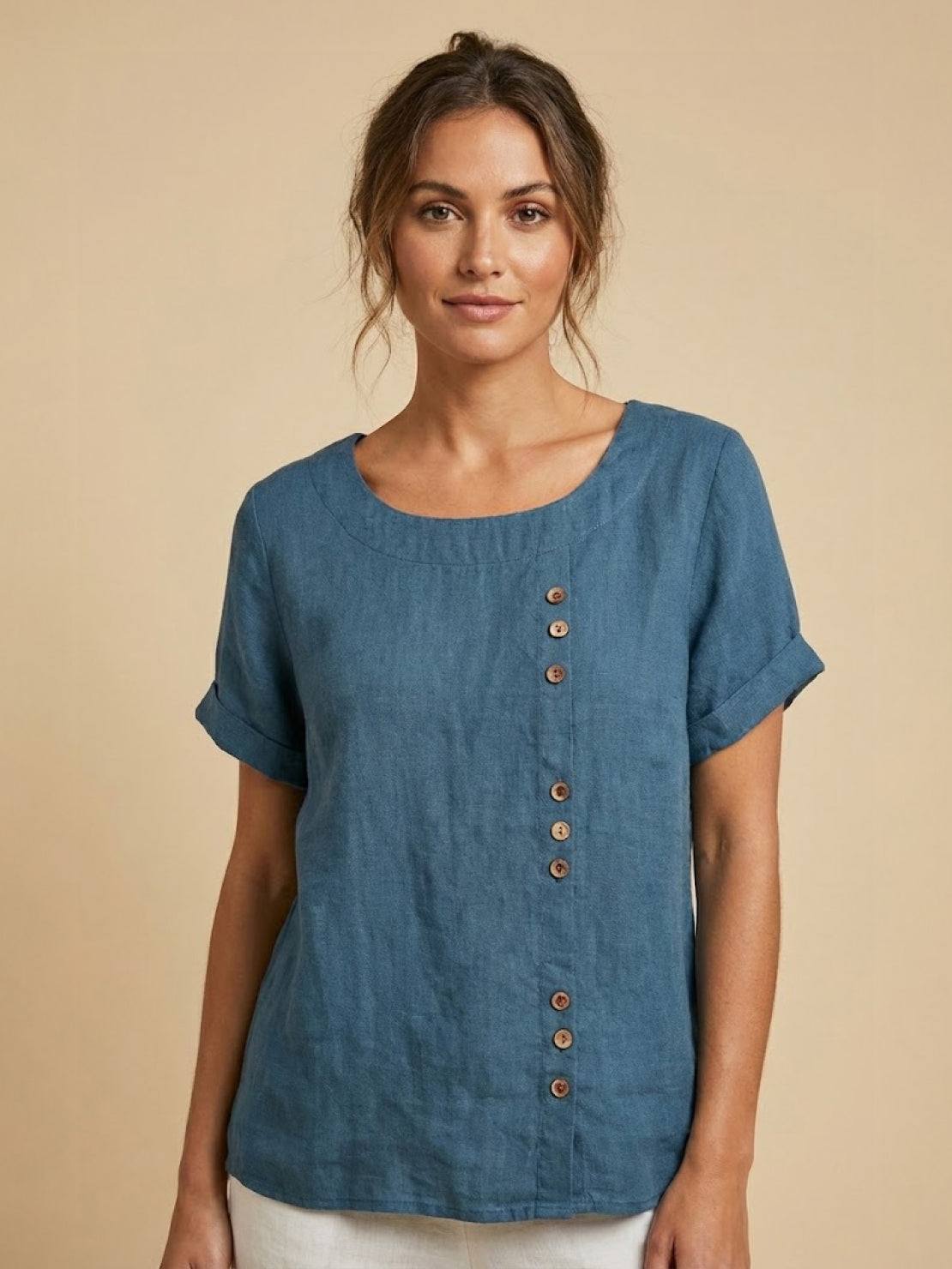 Loose Fit Linen Button-Front Blouse for Effortless Summer Style — close-up
