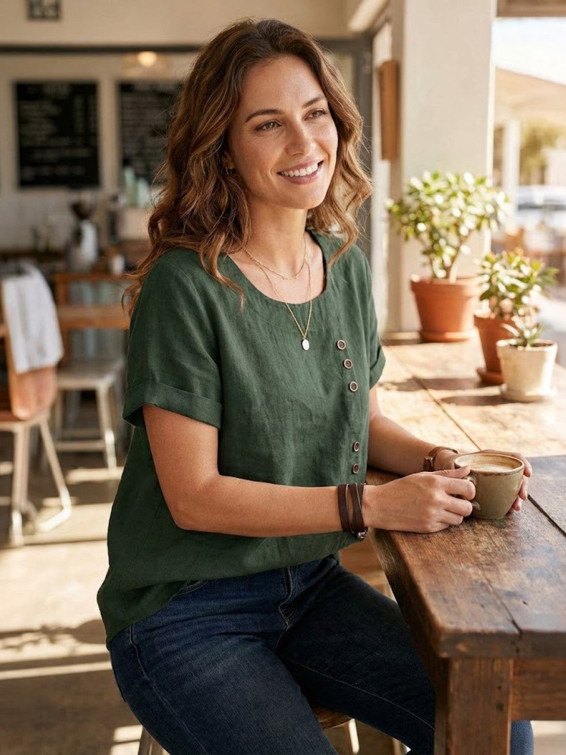 Loose Fit Linen Button-Front Blouse for Effortless Summer Style — detail view
