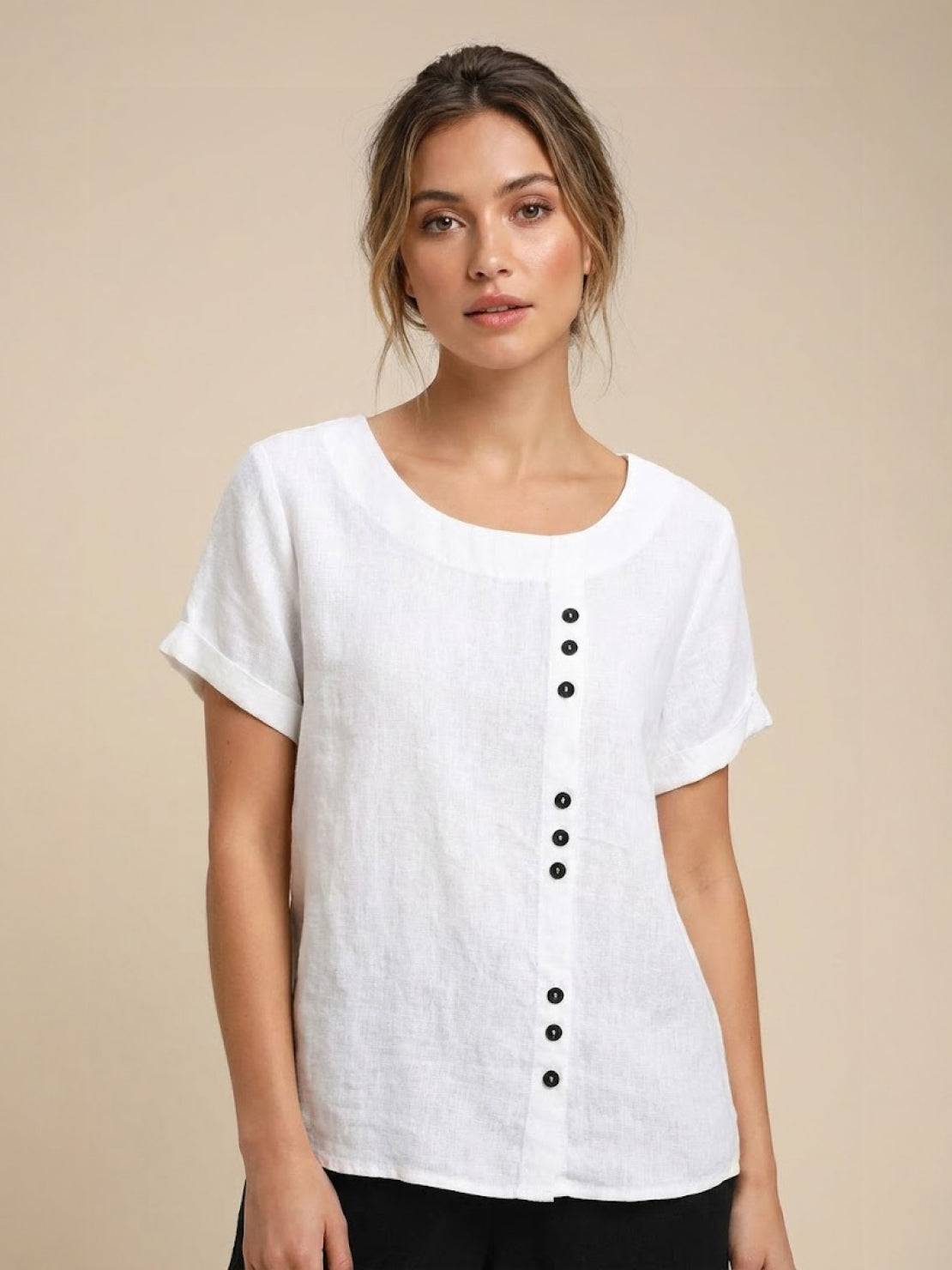 Loose Fit Linen Button-Front Blouse for Effortless Summer Style — front close-up