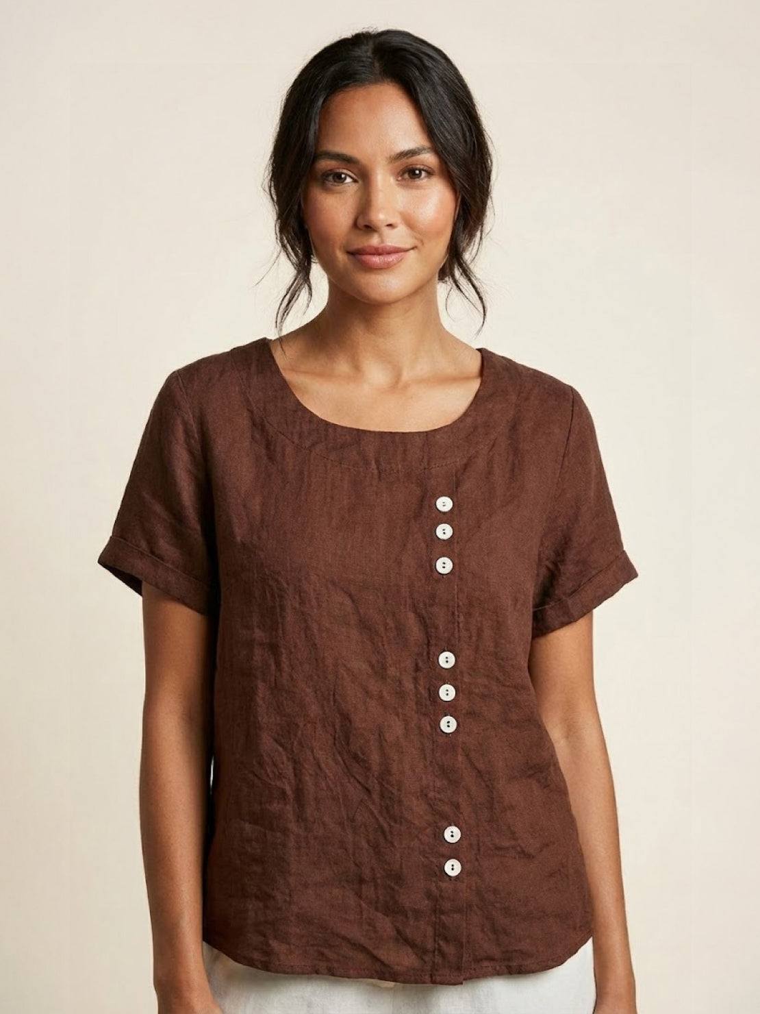 Loose Fit Linen Button-Front Blouse for Effortless Summer Style — in context