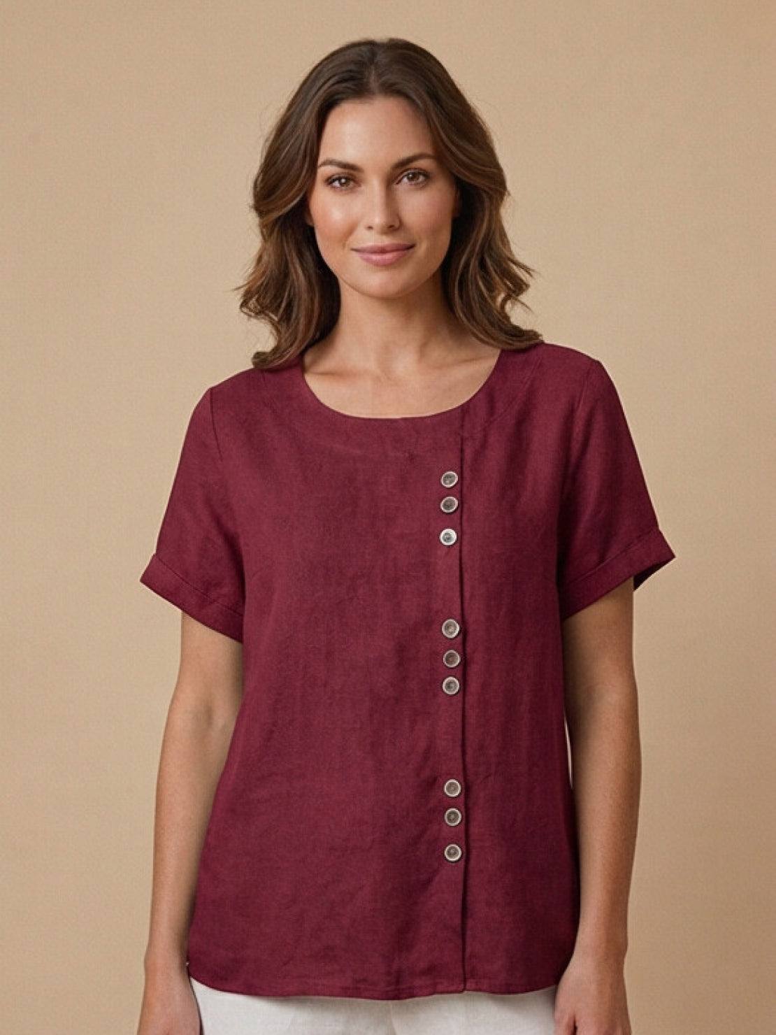 Loose Fit Linen Button-Front Blouse for Effortless Summer Style — side detail