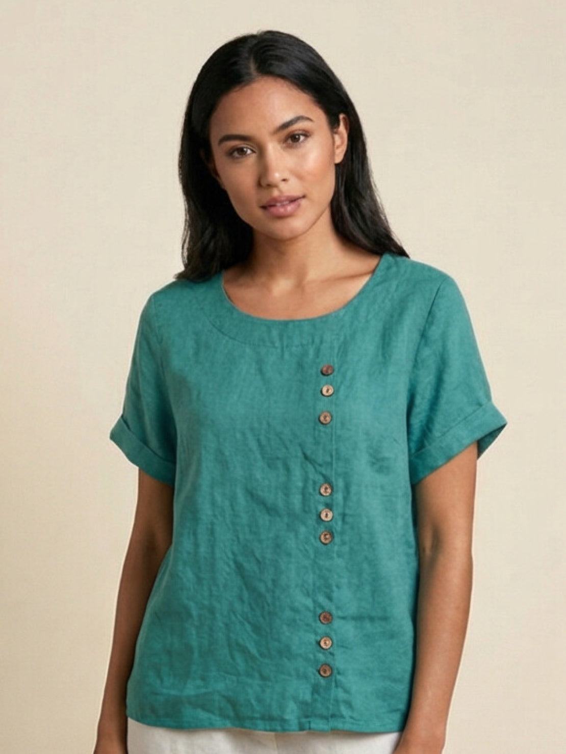 Loose Fit Linen Button-Front Blouse for Effortless Summer Style — styling shot