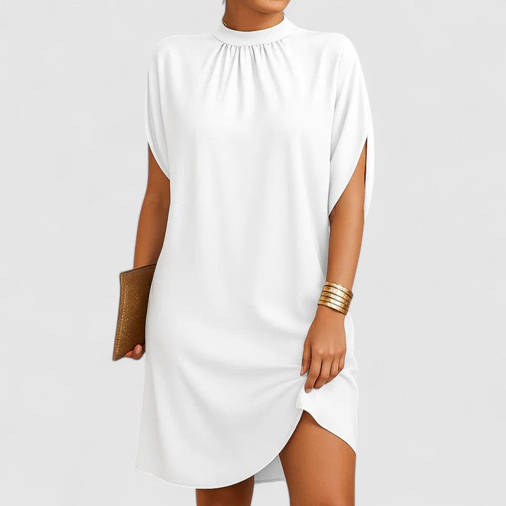 Loose Fit Shift Mini Dress with Cap Sleeves and High Mock Neckline — back view