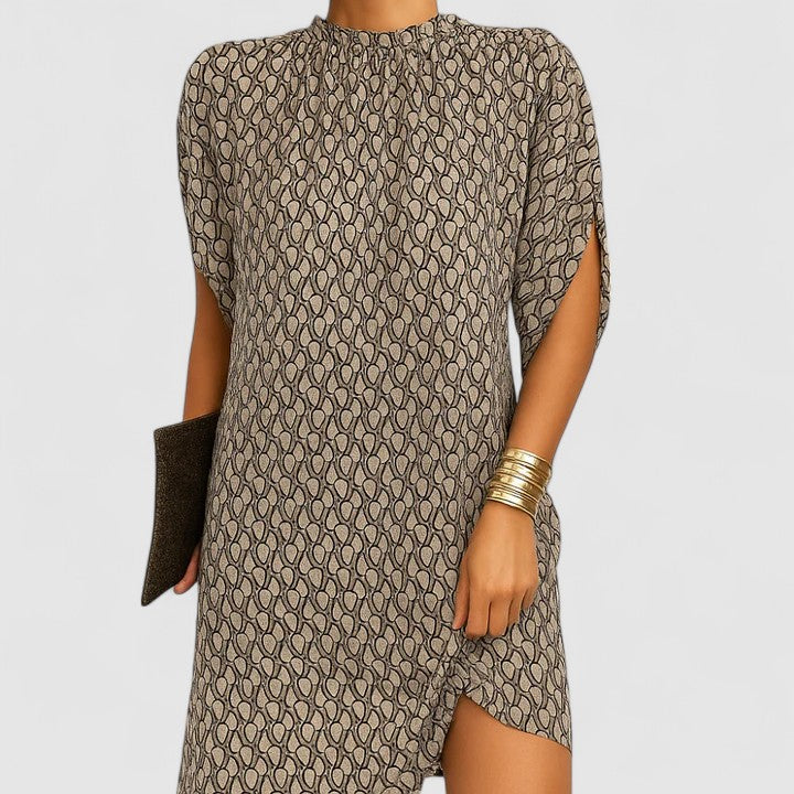 Loose Fit Shift Mini Dress with Cap Sleeves and High Mock Neckline — detail view