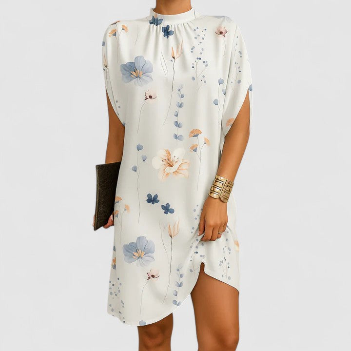 Loose Fit Shift Mini Dress with Cap Sleeves and High Mock Neckline — side view