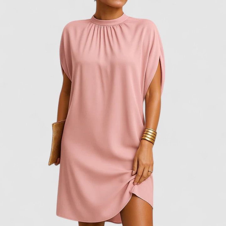 Loose Fit Shift Mini Dress with Cap Sleeves and High Mock Neckline