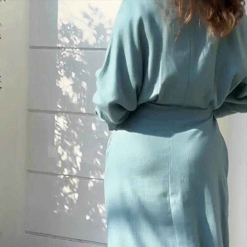Maxi Dress – Casual V-Neck Long Sleeve with Pockets for Effortless Summer Style — close-up