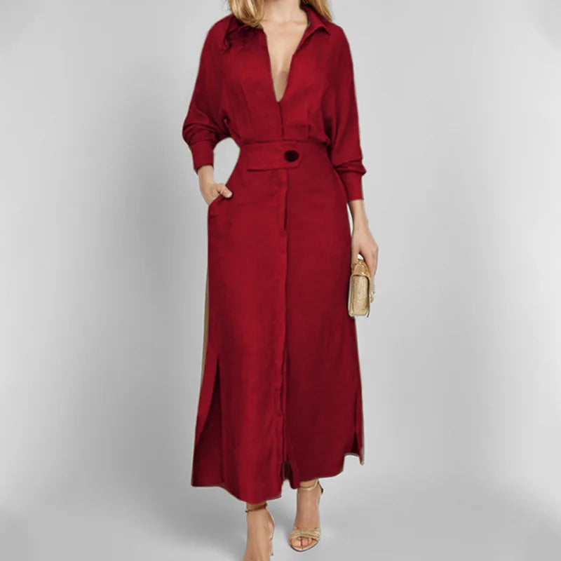 Maxi Dress – Casual V-Neck Long Sleeve with Pockets for Effortless Summer Style — front close-up