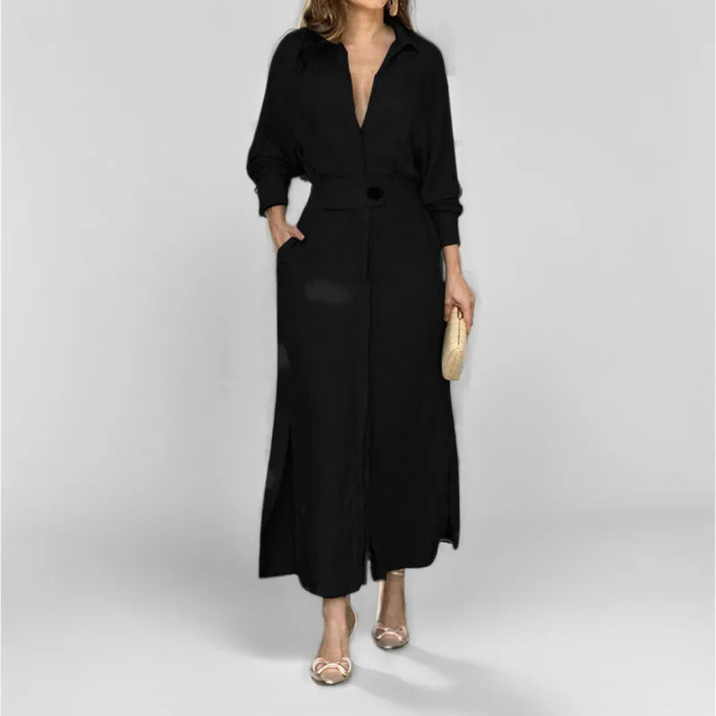 Maxi Dress – Casual V-Neck Long Sleeve with Pockets for Effortless Summer Style — side detail