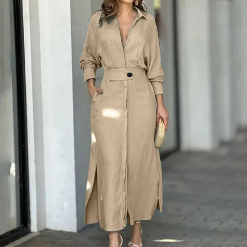 Maxi Dress – Casual V-Neck Long Sleeve with Pockets for Effortless Summer Style — side view