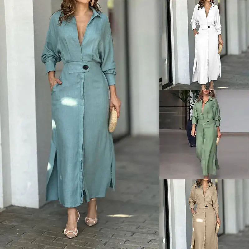 Maxi Dress – Casual V-Neck Long Sleeve with Pockets for Effortless Summer Style