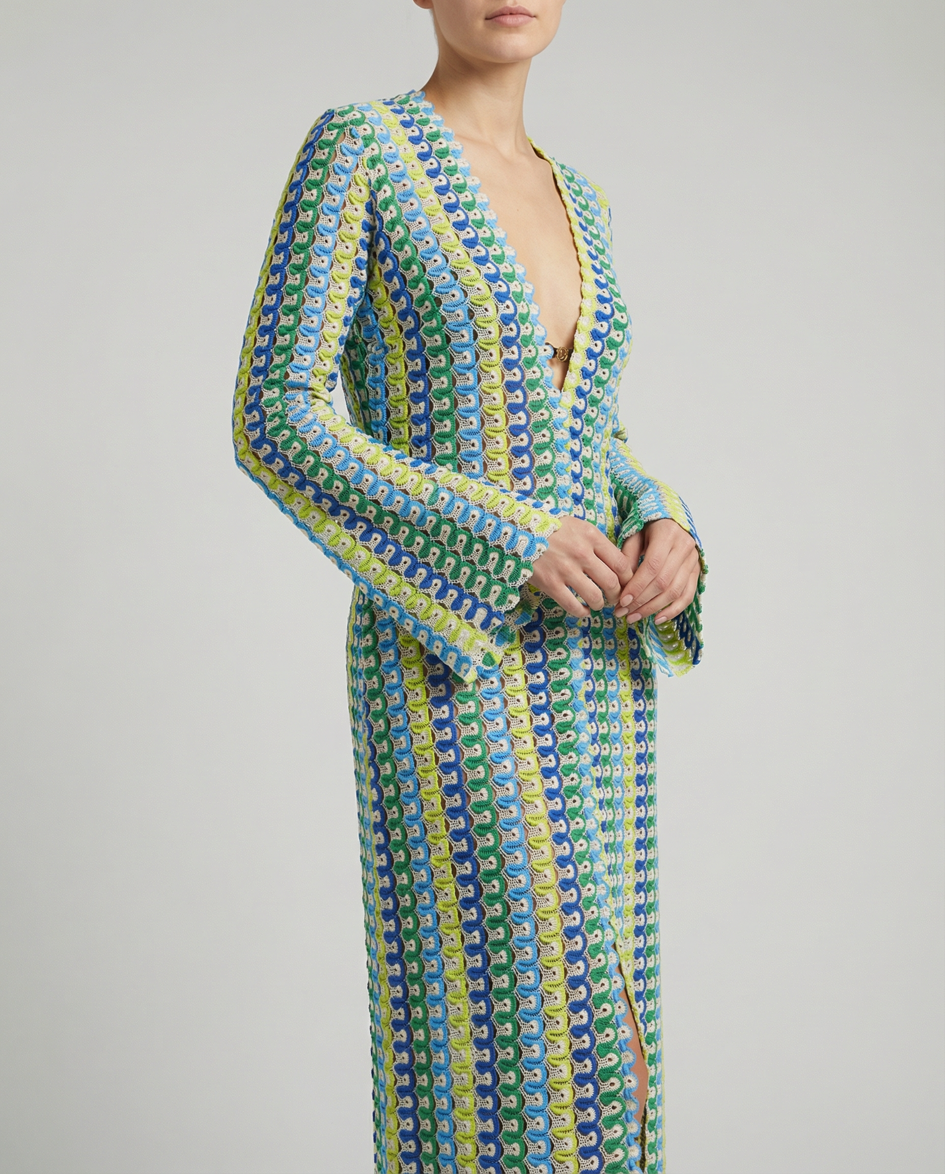 Maxi Dress – Colorful Striped Flare Sleeve Design for Elegant Autumn Occasions — back view