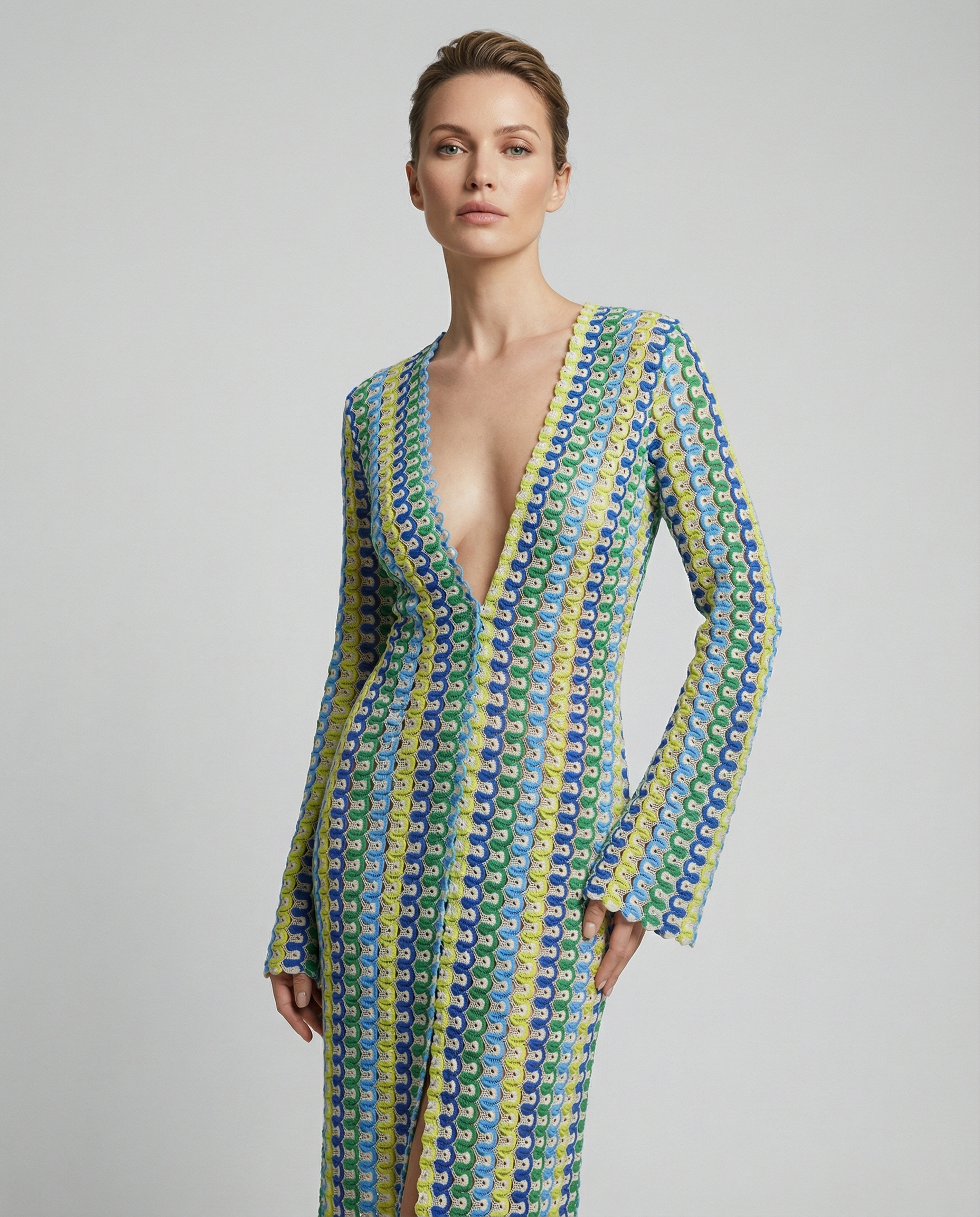 Maxi Dress – Colorful Striped Flare Sleeve Design for Elegant Autumn Occasions — detail view