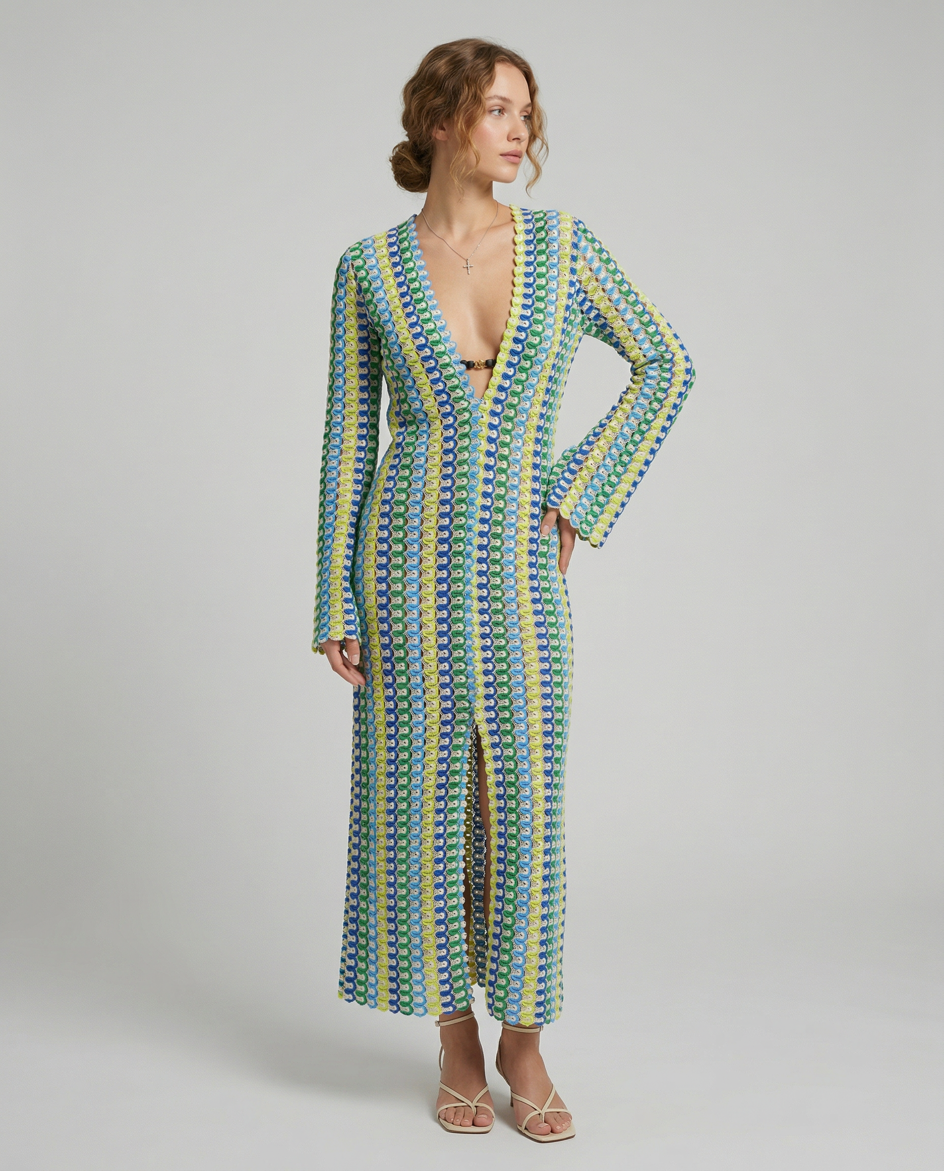 Maxi Dress – Colorful Striped Flare Sleeve Design for Elegant Autumn Occasions