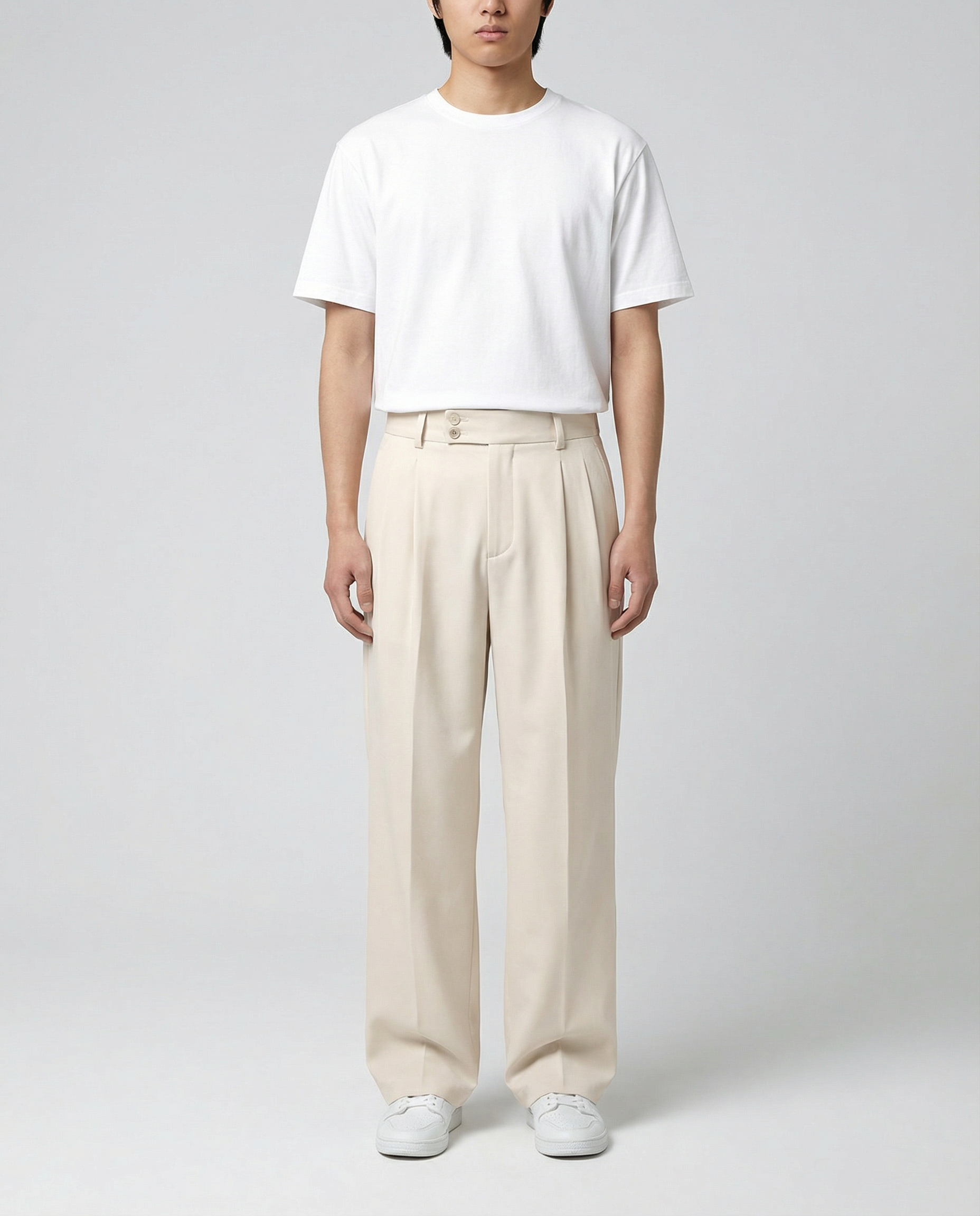 Men's Wide Leg Pleated Trousers – High Waisted Relaxed Fit Tailored Smart Casual Pants — close-up
