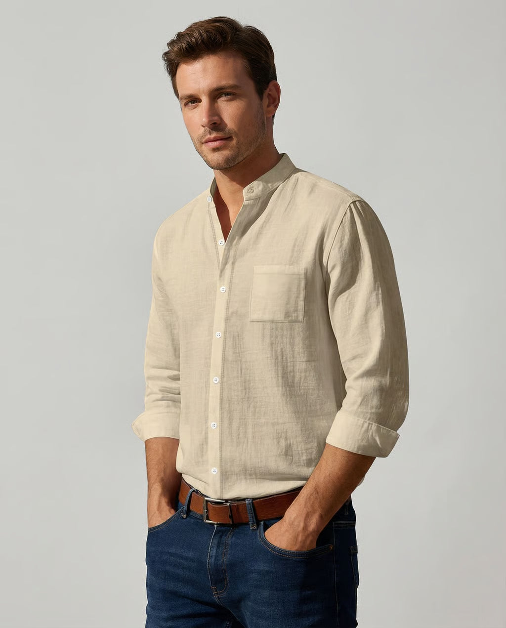 Men's Beige Linen Shirt – Breathable Mandarin Collar for Stylish Casual Wear