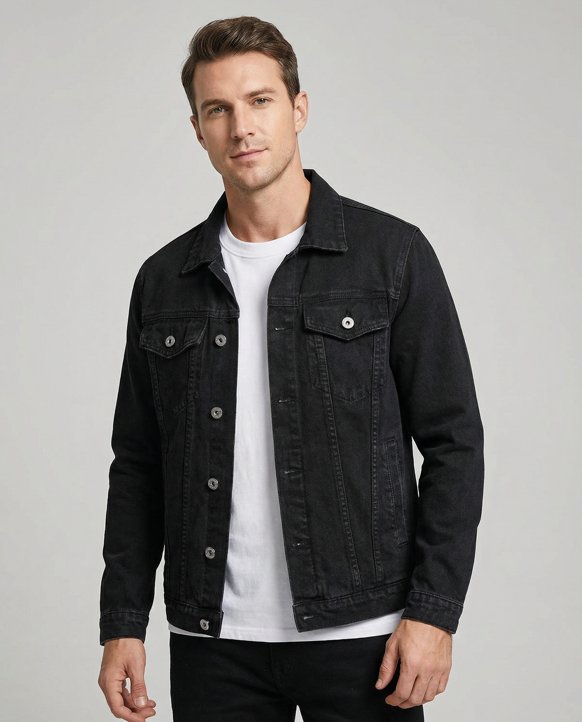 Men's Black Denim Jacket – Classic Lapel Design for Casual Style — back view