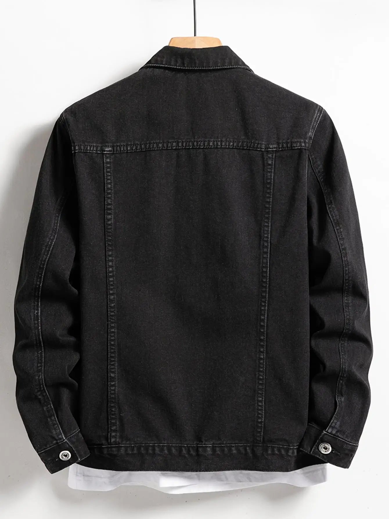 Men's Black Denim Jacket – Classic Lapel Design for Casual Style — close-up
