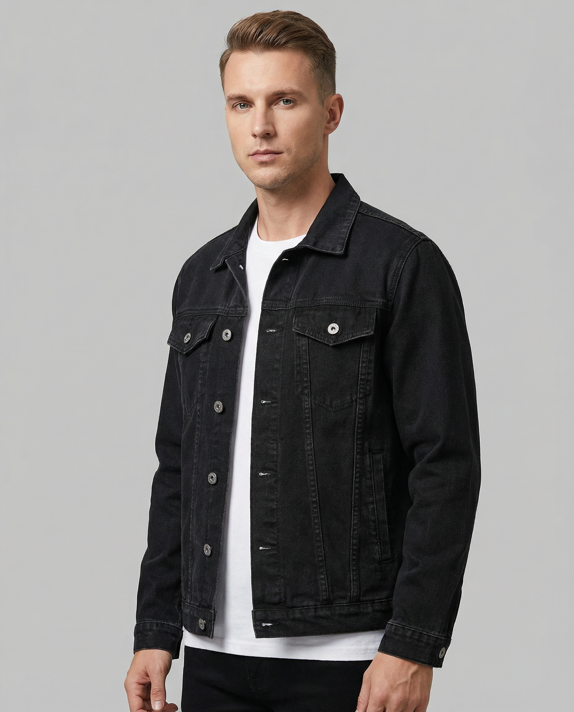 Men's Black Denim Jacket – Classic Lapel Design for Casual Style — detail view