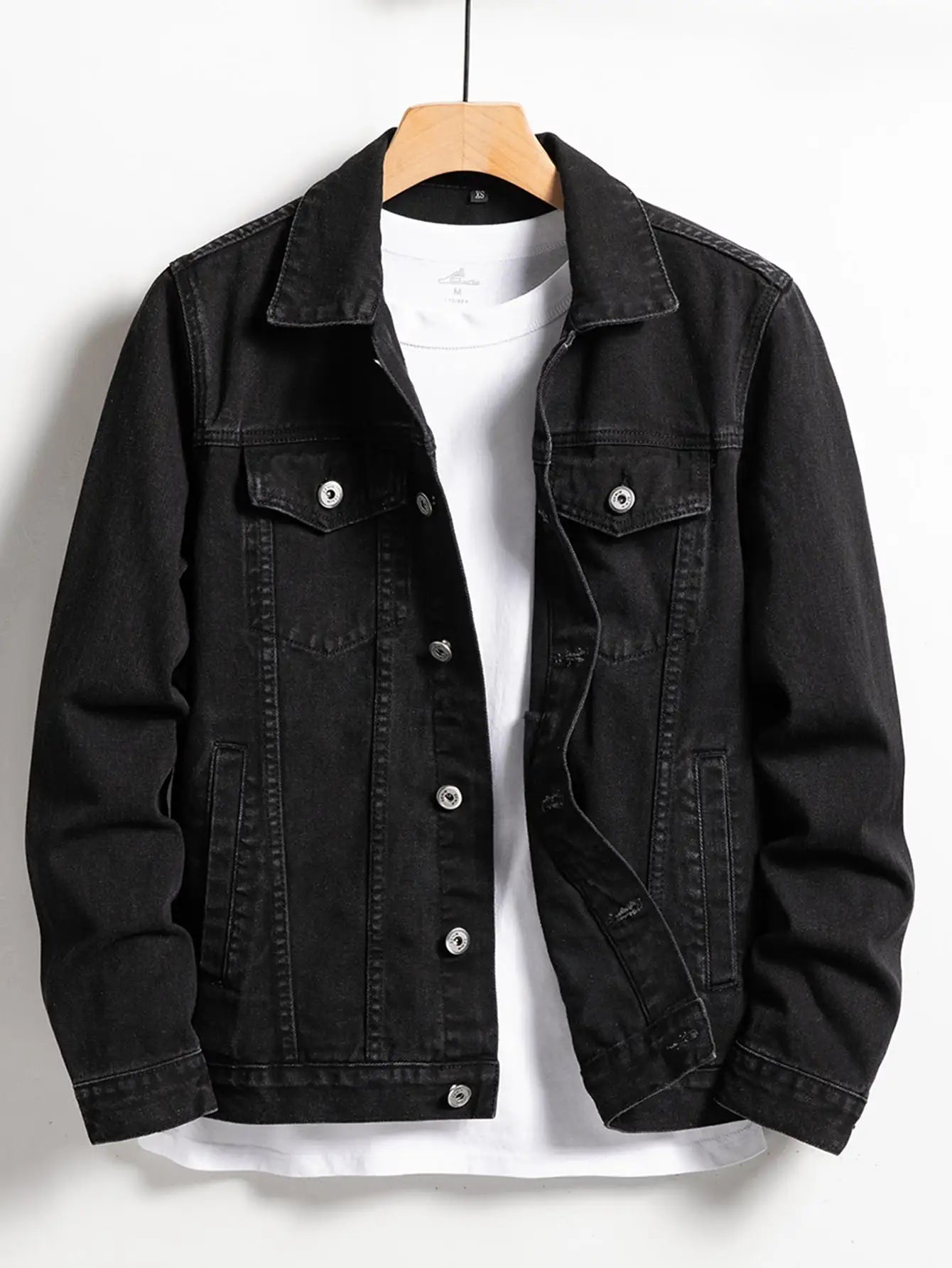 Men's Black Denim Jacket – Classic Lapel Design for Casual Style — model wearing