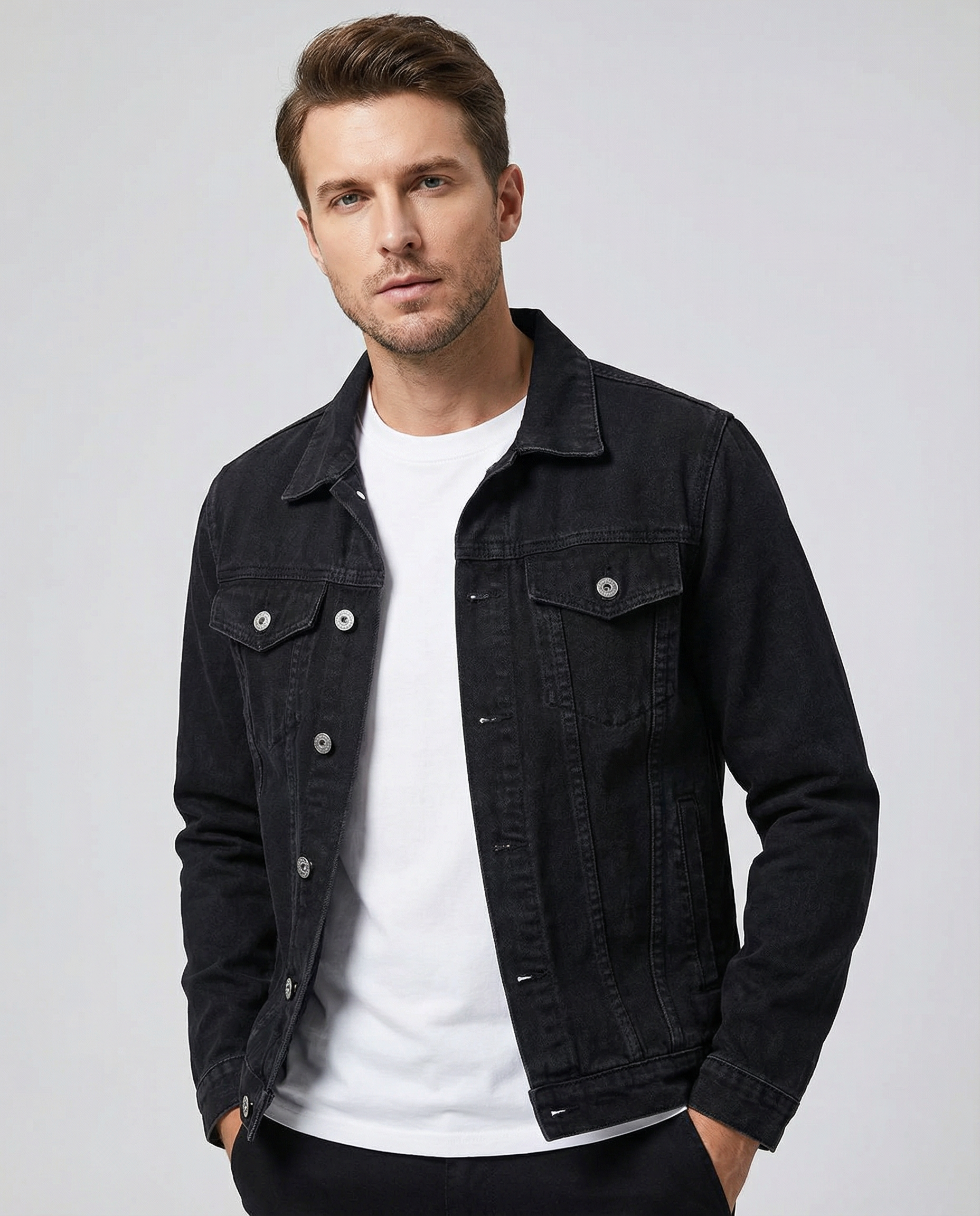 Men's Black Denim Jacket – Classic Lapel Design for Casual Style — side view