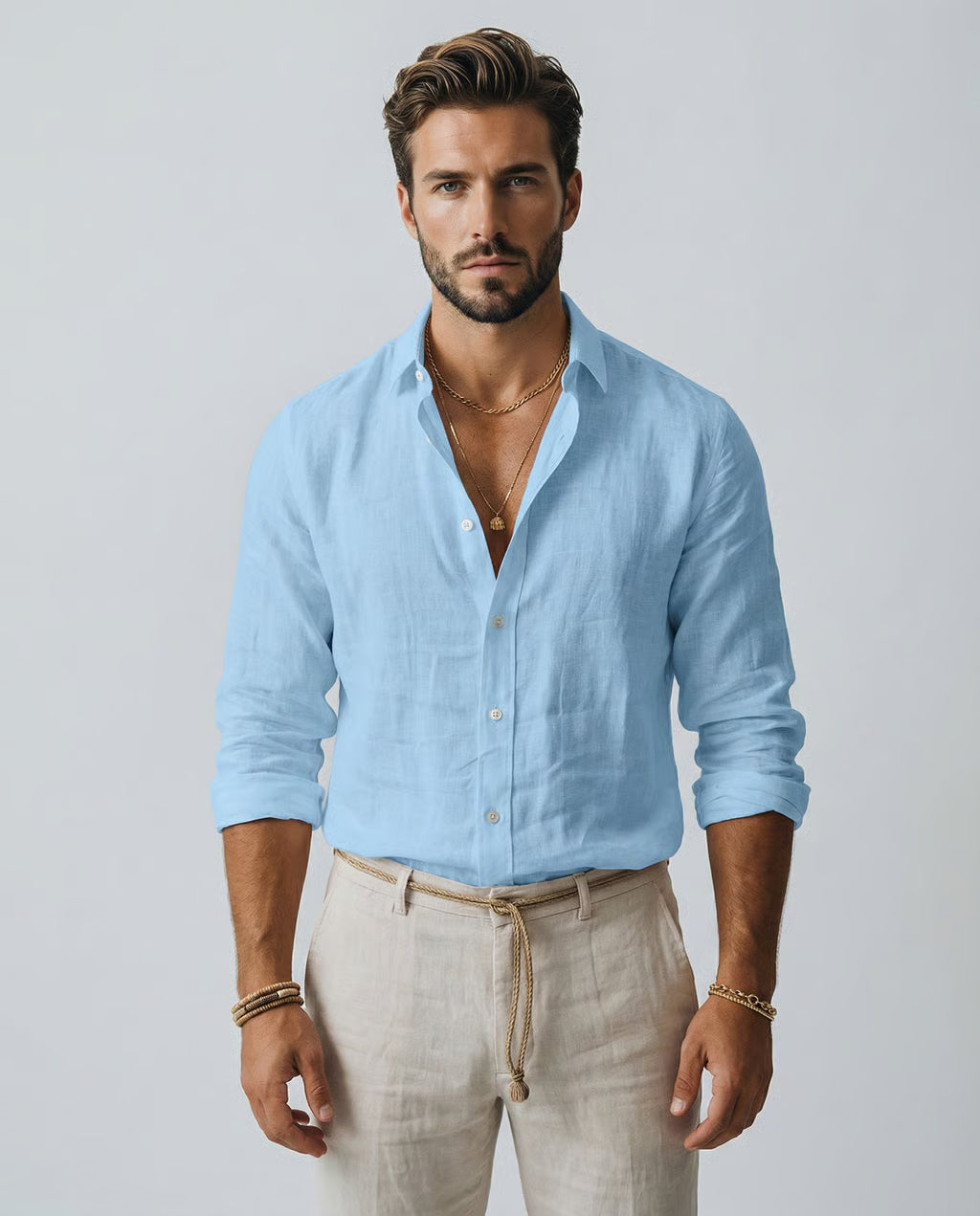 Men's Blue Casual Shirt – Breathable Cotton-Linen Blend for Summer Comfort — back view