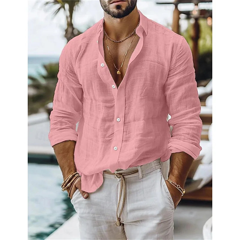 Men's Blue Casual Shirt – Breathable Cotton-Linen Blend for Summer Comfort — close-up