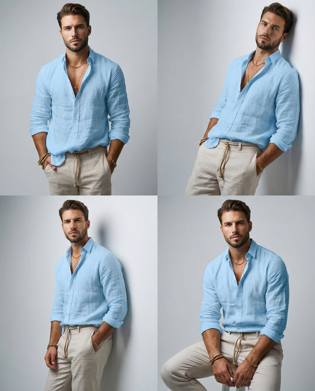 Men's Blue Casual Shirt – Breathable Cotton-Linen Blend for Summer Comfort — detail view