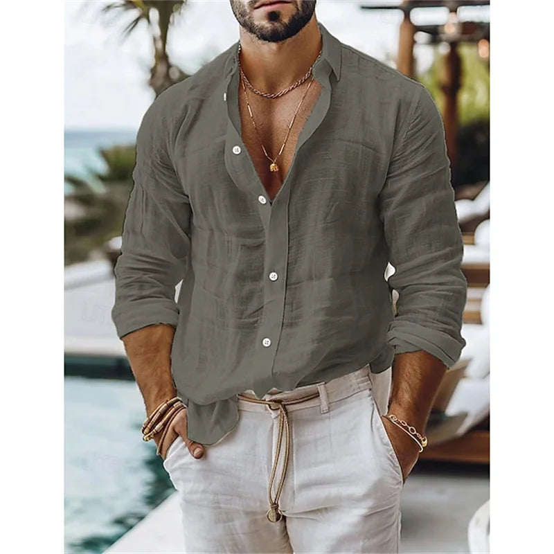 Men's Blue Casual Shirt – Breathable Cotton-Linen Blend for Summer Comfort — fabric detail
