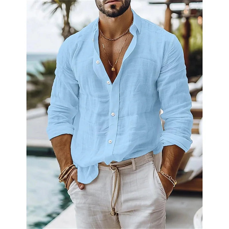 Men's Blue Casual Shirt – Breathable Cotton-Linen Blend for Summer Comfort — model wearing