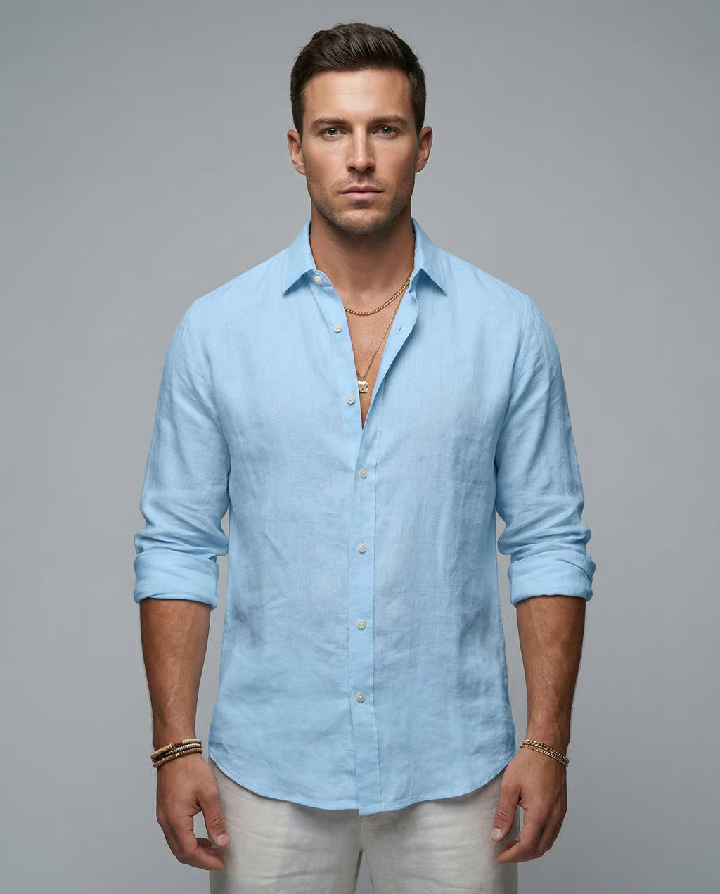 Men's Blue Casual Shirt – Breathable Cotton-Linen Blend for Summer Comfort — side view