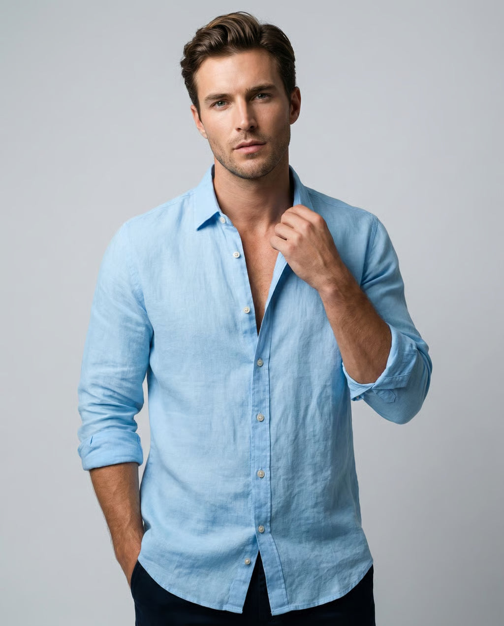 Men's Blue Casual Shirt – Breathable Cotton-Linen Blend for Summer Comfort