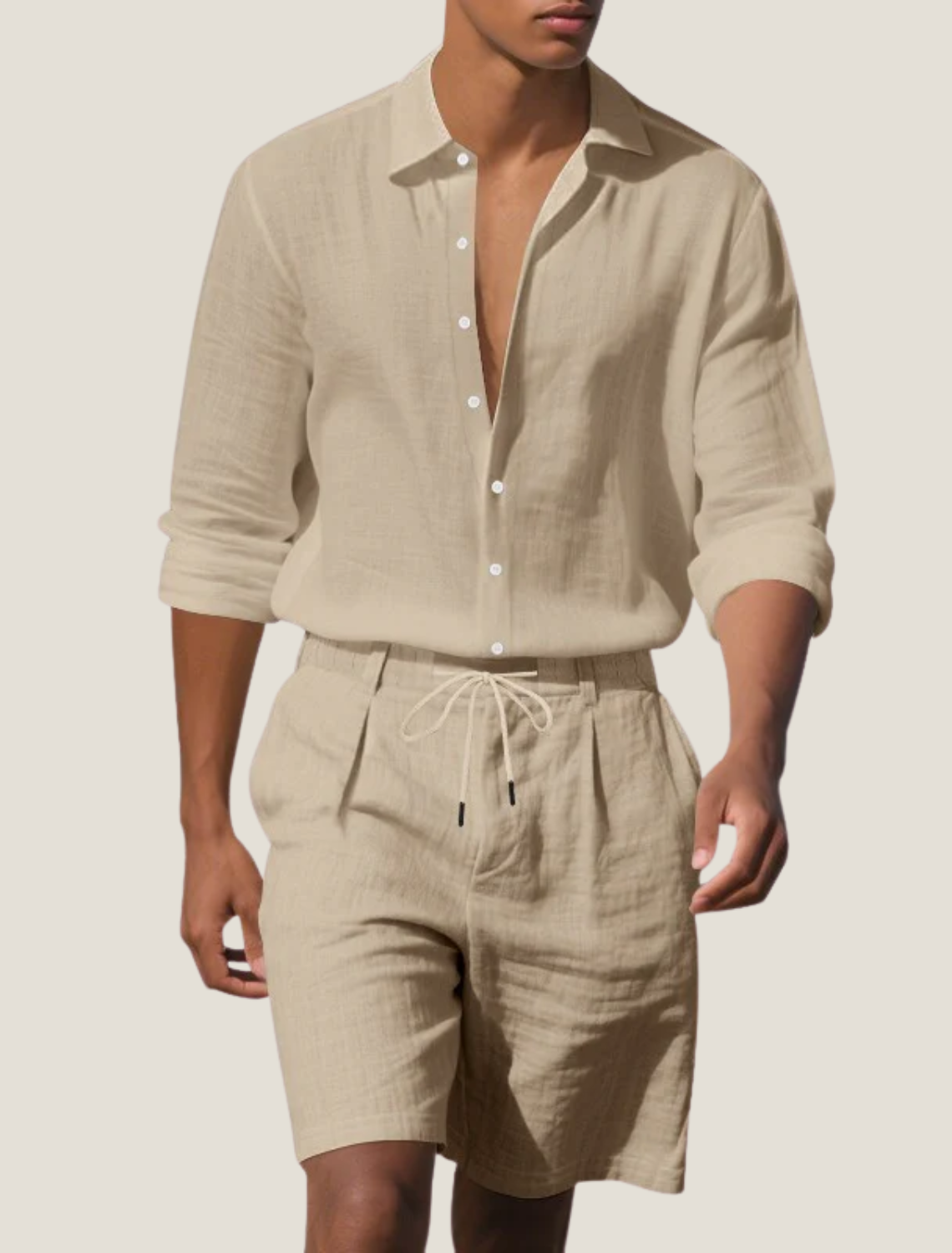 Men's Breathable Linen Long Sleeve Button Shirt with Adjustable Cuffs and Drawstring Shorts Two Piece Beach Set