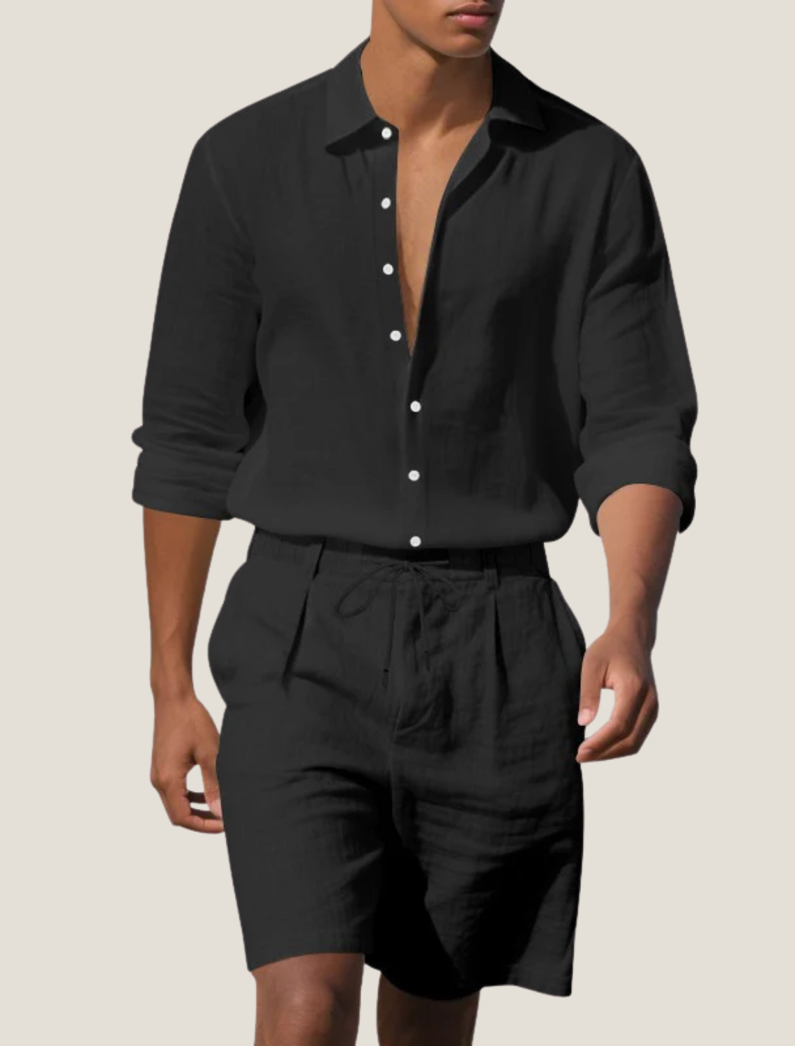 Men's Breathable Linen Long Sleeve Button Shirt with Adjustable Cuffs and Drawstring Shorts Two Piece Beach Set