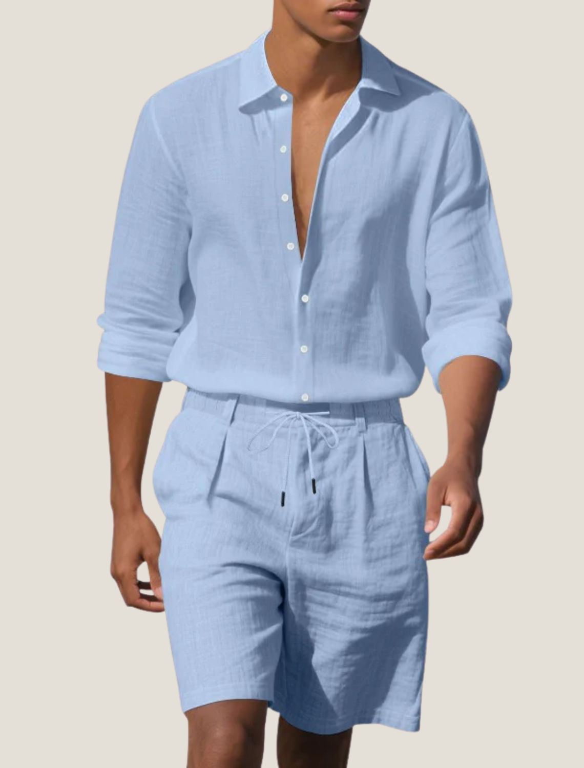 Men's Breathable Linen Long Sleeve Button Shirt with Adjustable Cuffs and Drawstring Shorts Two Piece Beach Set