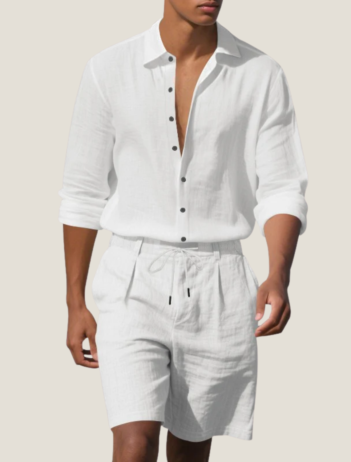 Men's Breathable Linen Long Sleeve Button Shirt with Adjustable Cuffs and Drawstring Shorts Two Piece Beach Set