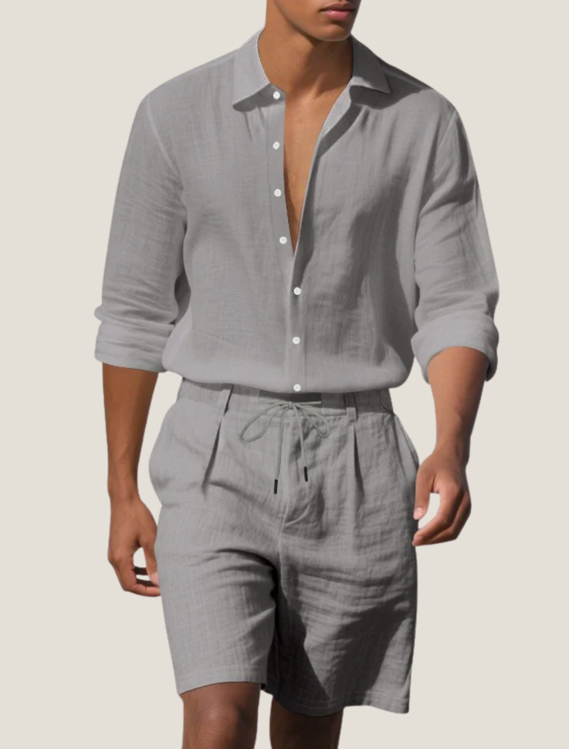 Men's Breathable Linen Long Sleeve Button Shirt with Adjustable Cuffs and Drawstring Shorts Two Piece Beach Set